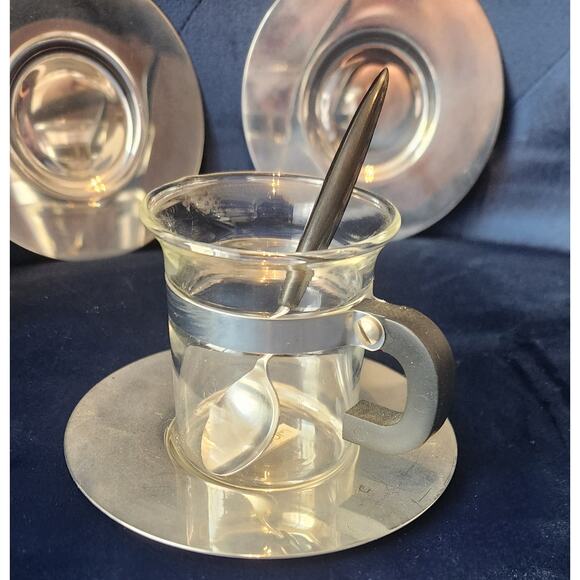 Bodum Glass Espresso Cup Set 6 Cups Steel Saucers and Spoons Portugal Modernist - Picture 3 of 8